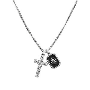 Bold Steel Halskette, Gehämmertes Kreuz, CZ schwarz, 55 cm