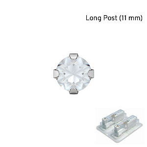 Cubic Zirconia griffé, TIGE LONGUE, 4 mm, pierre 3 mm, Acier chirurgical blanc
